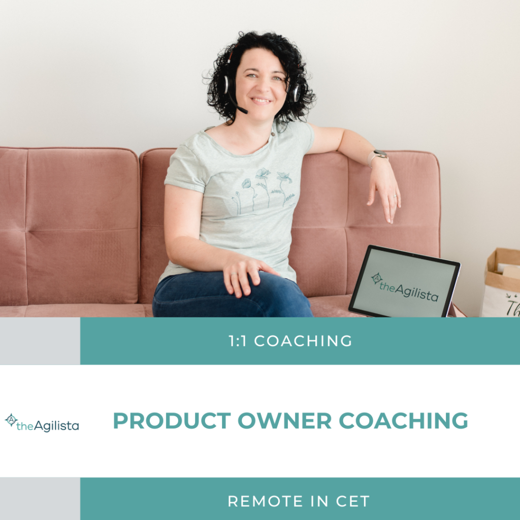 Paulina Hornbachner is sitting on the Couch and speaking into her headset. Besides you see a tablet with the company's logo "The Agilista". The text says "1:1 Coaching; Product Owner Coaching; Remote in CET"